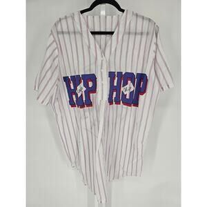 VTG Hip Hop Women's White Striped Jersey V-neck Button Down Short Sleeve Top